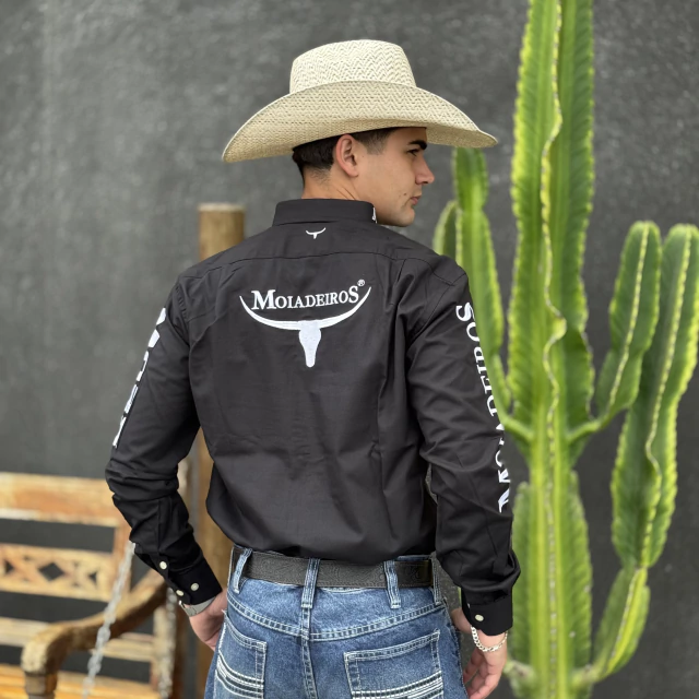 CML2411 CAMISA ML PRETO BORDADO BRANCO - Imagem 2