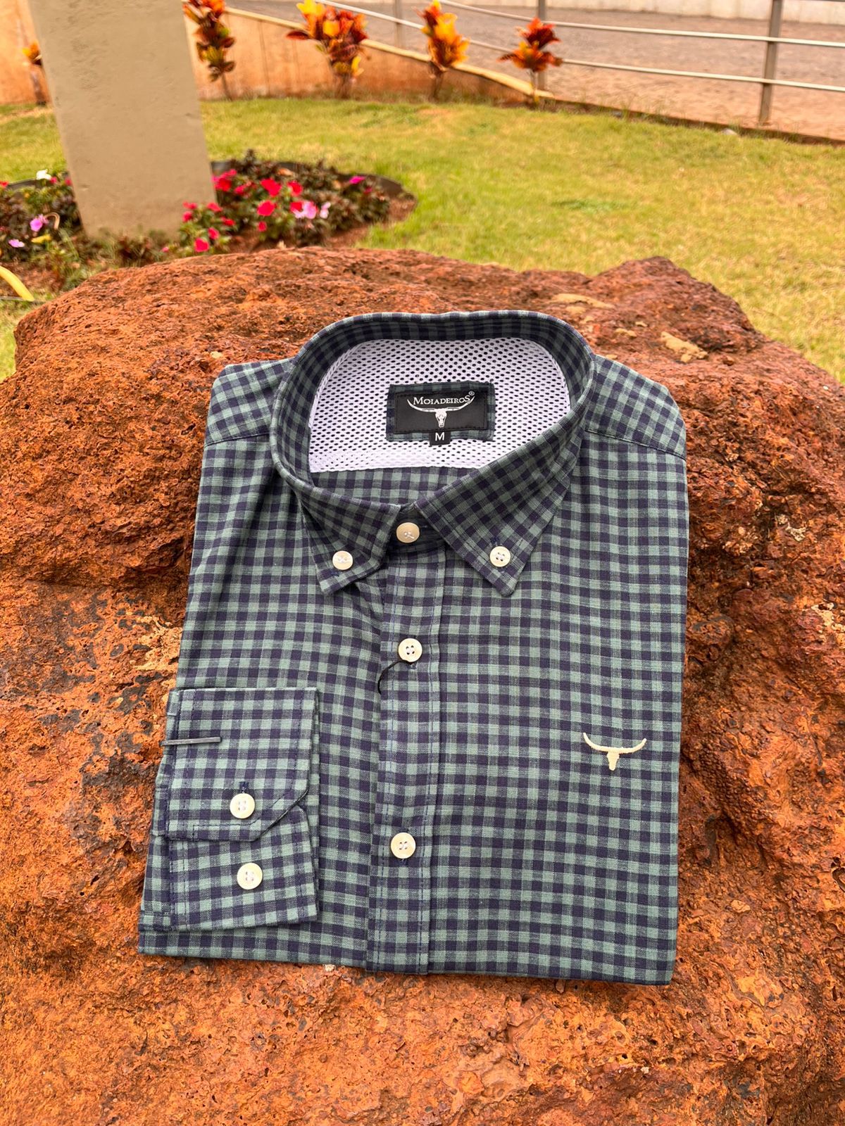 CML2488 CAMISA MANGA LONGA XAD AZUL-VERDE/ LOGO BEGE