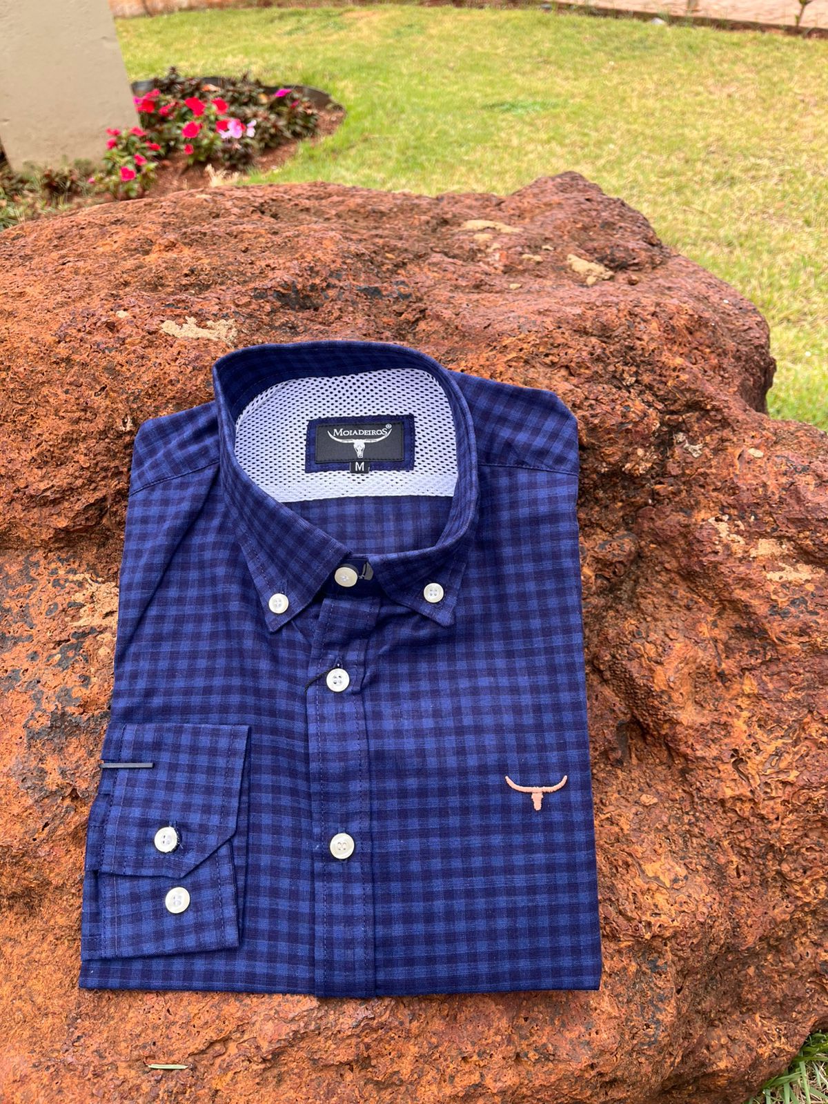 CML2492 CAMISA ML XADREZ BIG AZUL ESCURO/LOGO MARROM