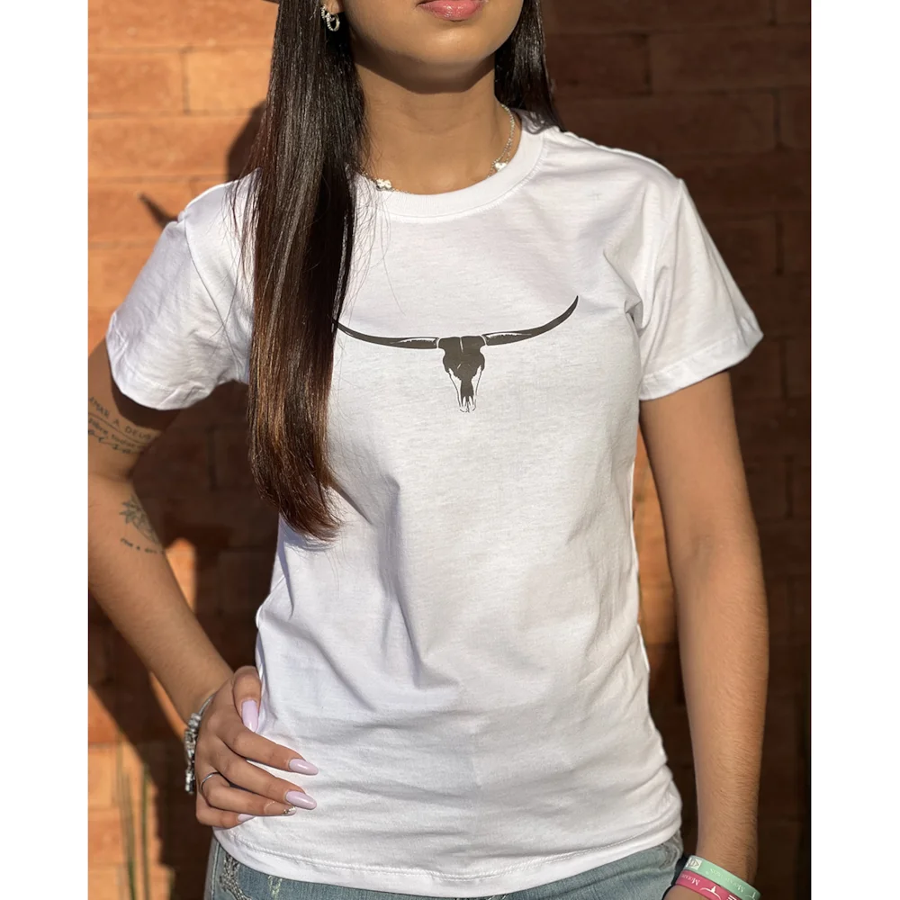CMF2431 T-SHIRT BRANCO SILK LONGHORN PRETO
