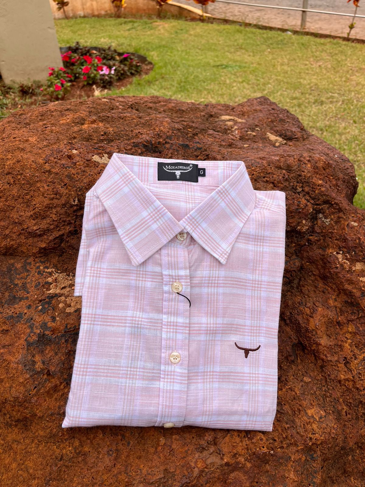 CFML2145 CAMISETE ML XADREZ BRANCO-RPSA/LOGO MARROM