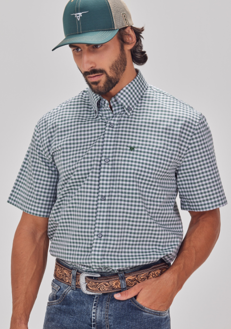 Camisa Masculina Manga Curta Custom Fit Xadrez - Verde Cinza 3208